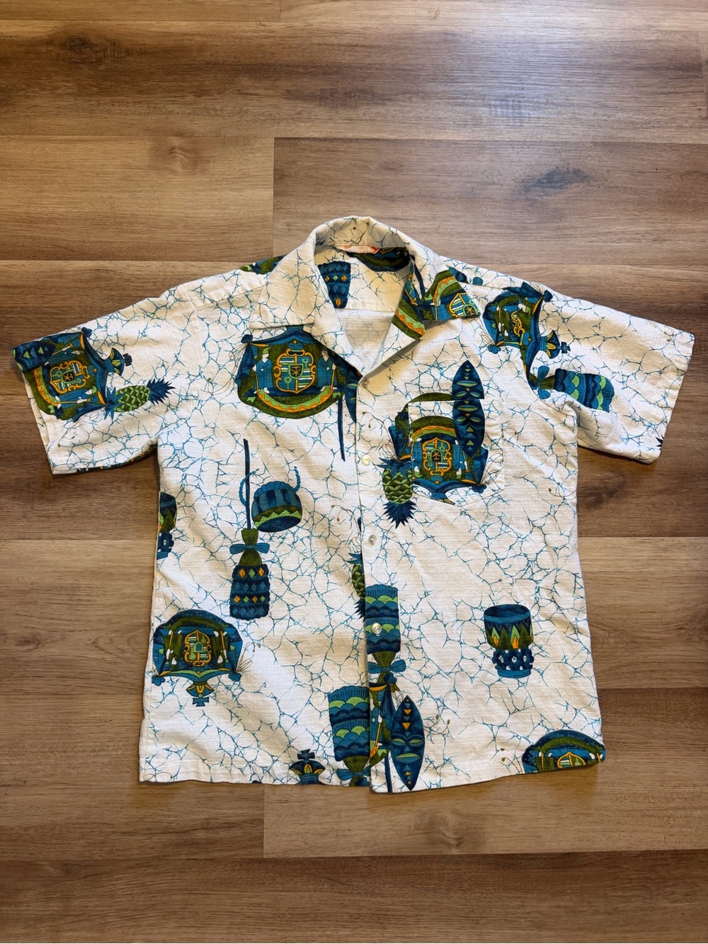 Vtg 60s Sears Hawaiian Barkcloth Shirt Men’s Small White Hawaii Geometric Tiki